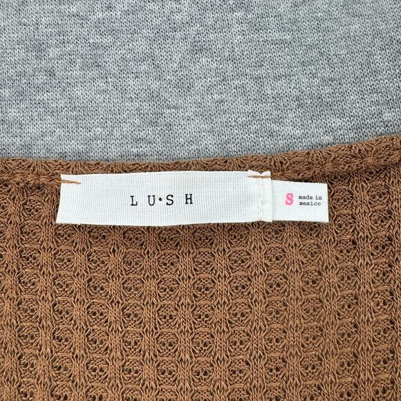 LUSH Waffle Knit Babydoll Peplum Top Womens S Brown Tan Long Sleeve Coquette - Picture 8 of 13